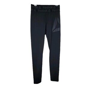 Reebok Leggings Size M Black Stretch Logo Elastic Band Hi Waisted Performance Z